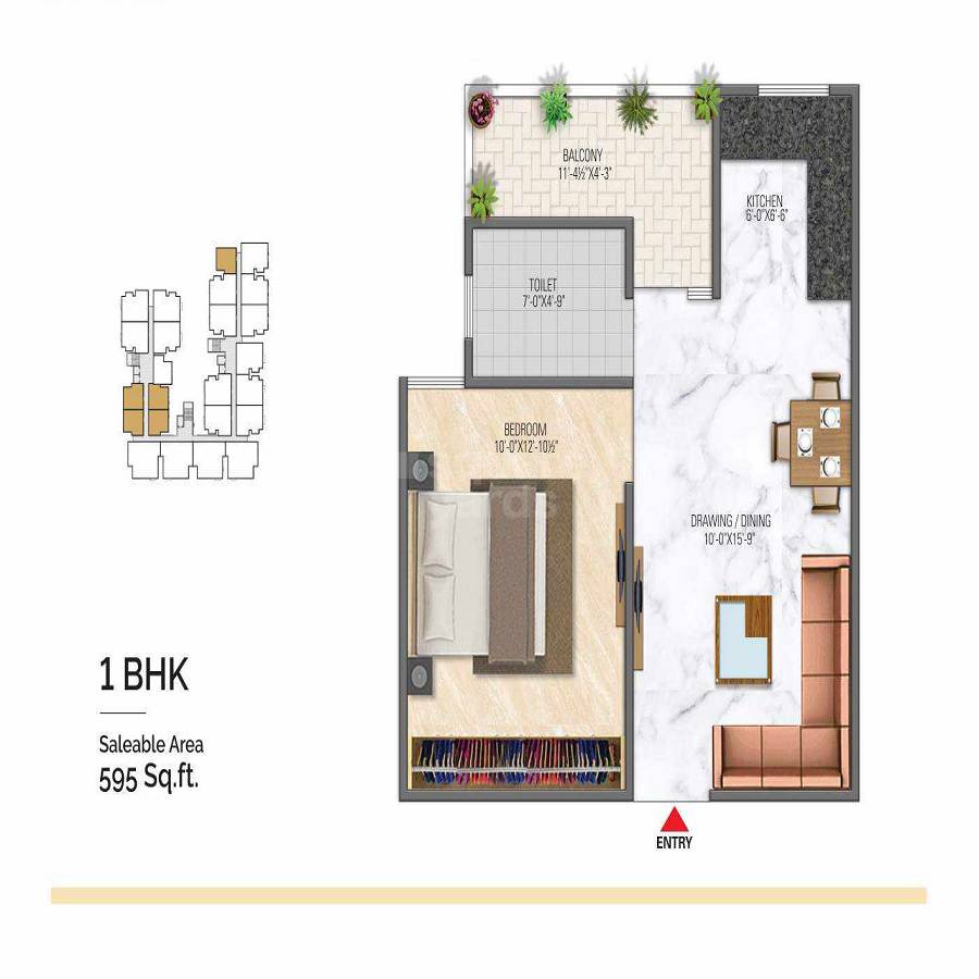 1 BHK 595 Sq. Ft. Apartment