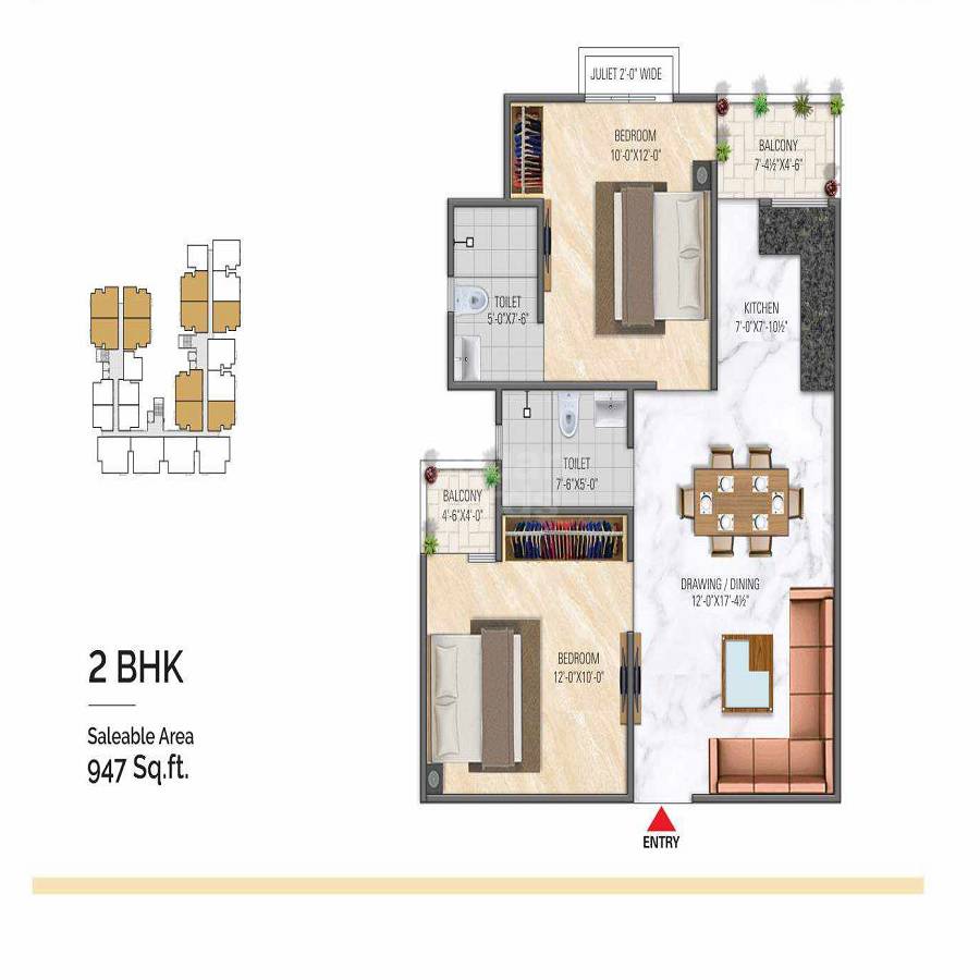 2 BHK 947 Sq. Ft. Apartment