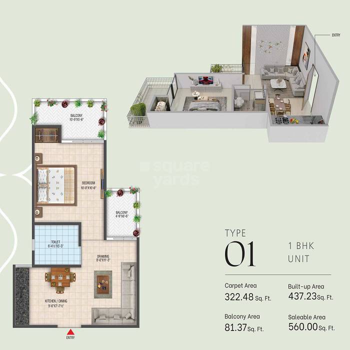 1 BHK 322 Sq. Ft. Apartment