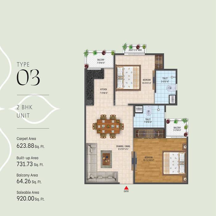 Floor plan of 2 BHK 624 Sq. Ft. Apartment in The Century Garden, Jaipur