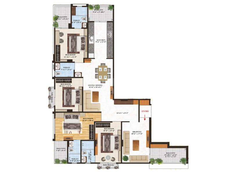 Floor plan of 4 BHK 1536 Sq. Ft. Apartment in Tirupati The Royale Pallacia, Jaipur