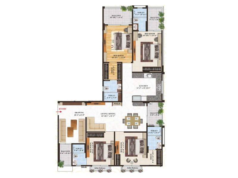 Floor plan of 4 BHK 1597 Sq. Ft. Apartment in Tirupati The Royale Pallacia, Jaipur