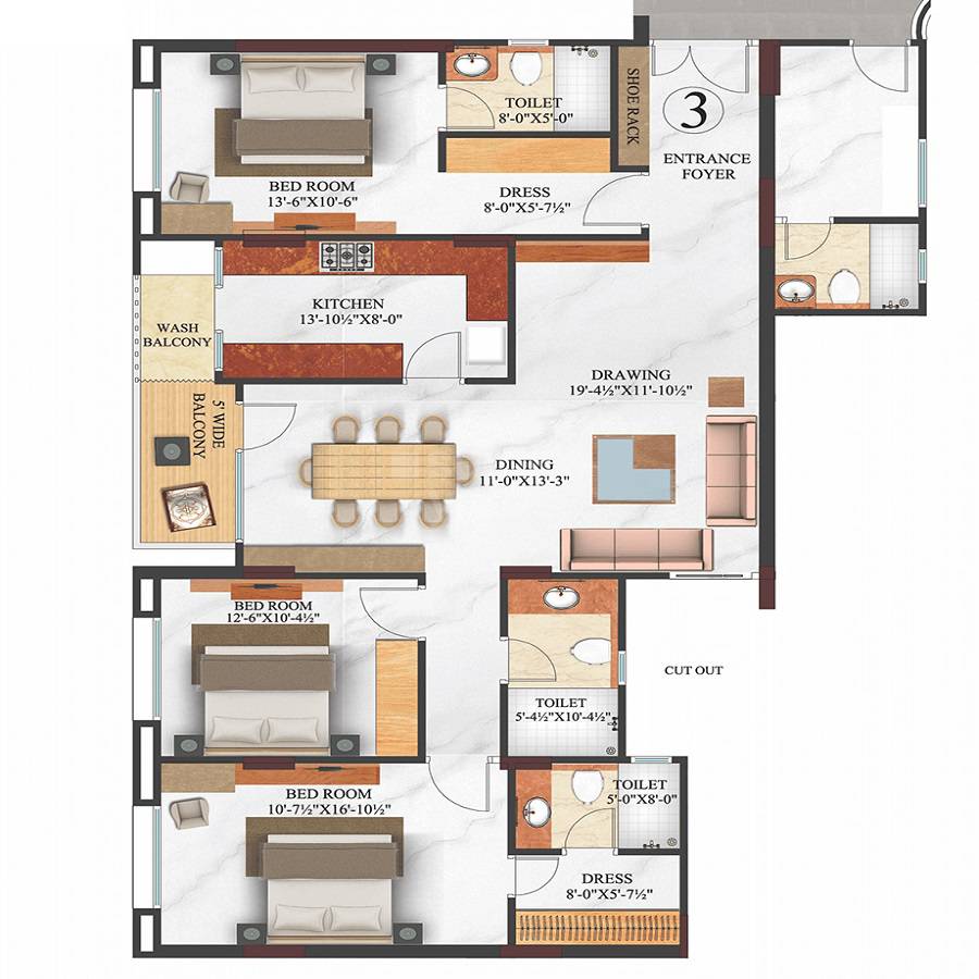 Floor plan of 3 BHK 1334 Sq. Ft. Apartment in Trimurthi Arabella, Jaipur