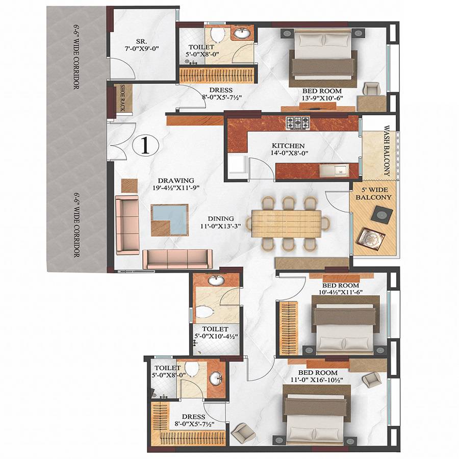 Floor plan of 3 BHK 1452 Sq. Ft. Apartment in Trimurthi Arabella, Jaipur