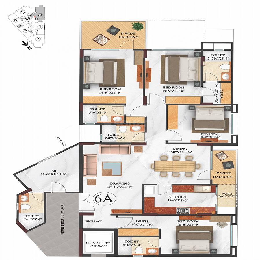 Floor plan of 4 BHK 1652 Sq. Ft. Apartment in Trimurthi Arabella, Jaipur