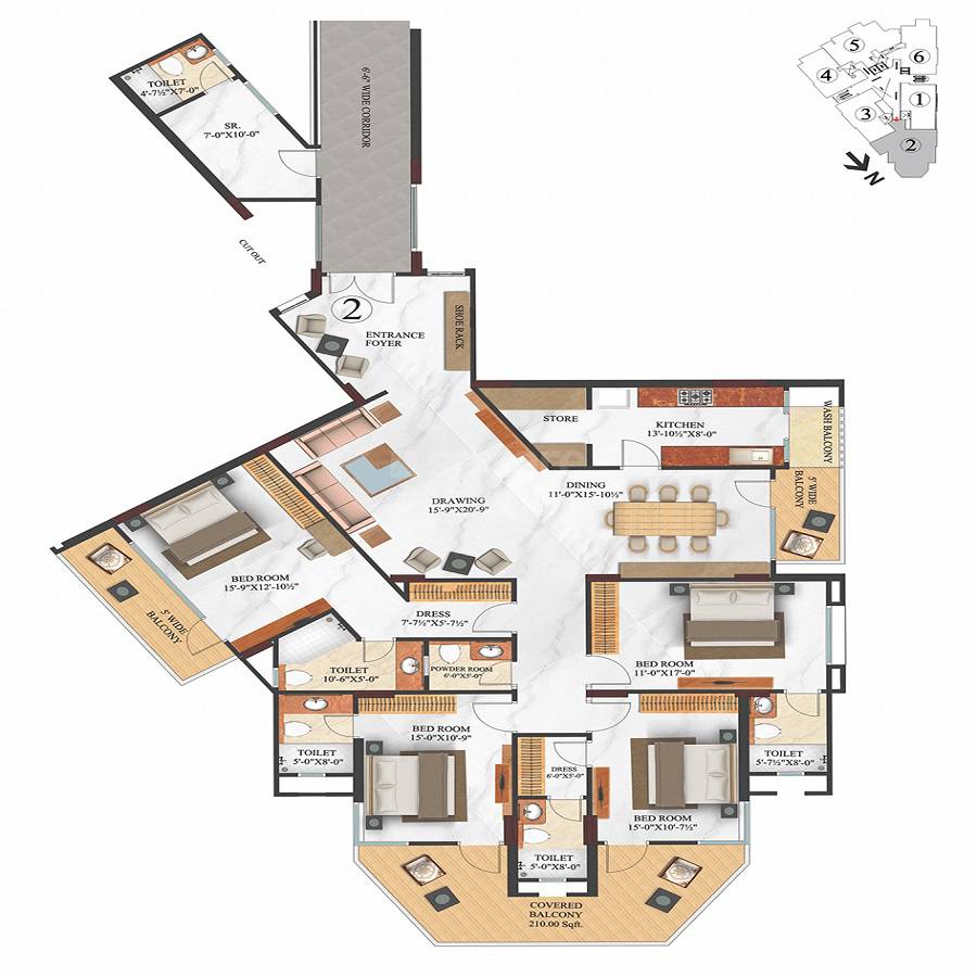Floor plan of 4 BHK 2024 Sq. Ft. Apartment in Trimurthi Arabella, Jaipur
