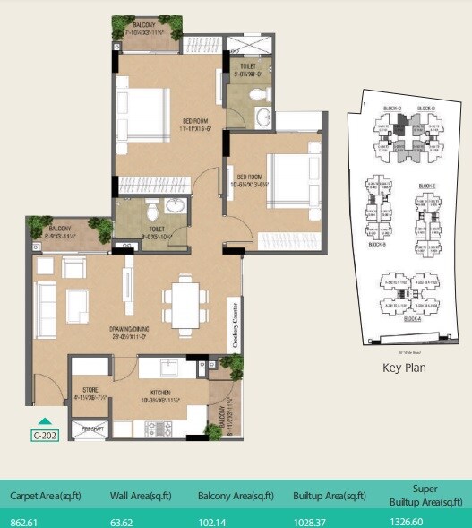 Floor plan of 2 BHK 1326 Sq. Ft. Apartment in Trimurty Ariana, Jaipur