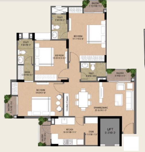 Floor plan of 3 BHK 1715 Sq. Ft. Apartment in Trimurty Ariana, Jaipur