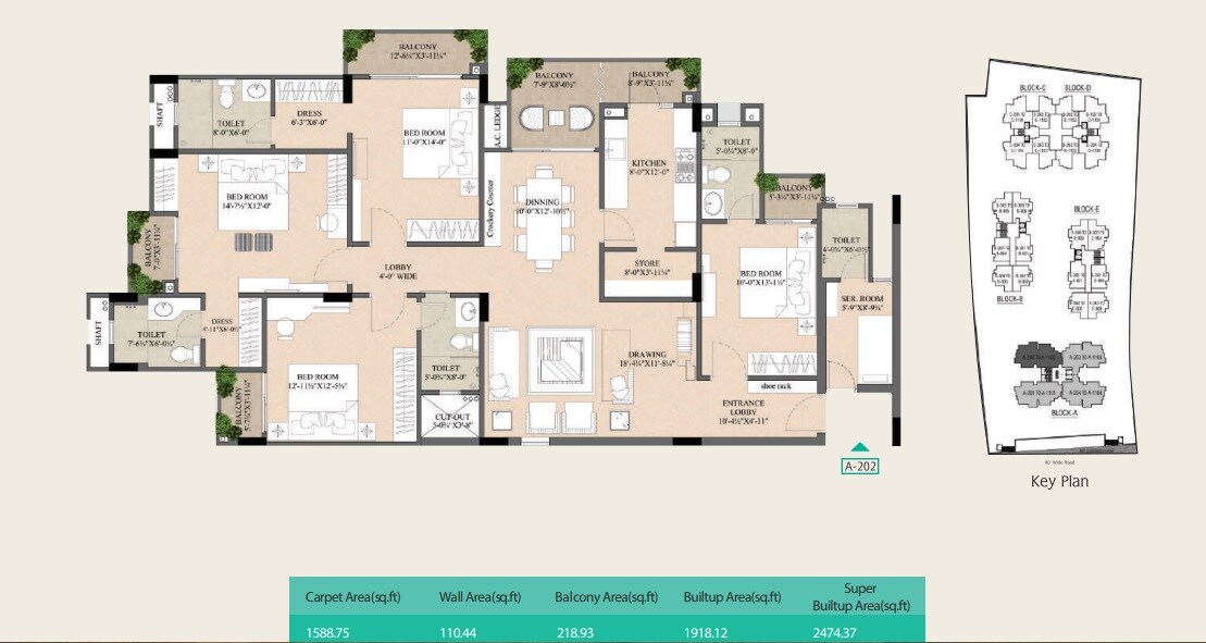 Floor plan of 4 BHK 2474 Sq. Ft. Apartment in Trimurty Ariana, Jaipur