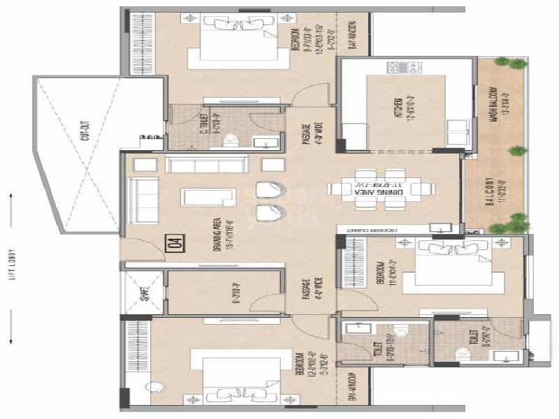 Floor plan of 3 BHK 1927 Sq. Ft. Apartment in Trimurty Divinity, Jaipur