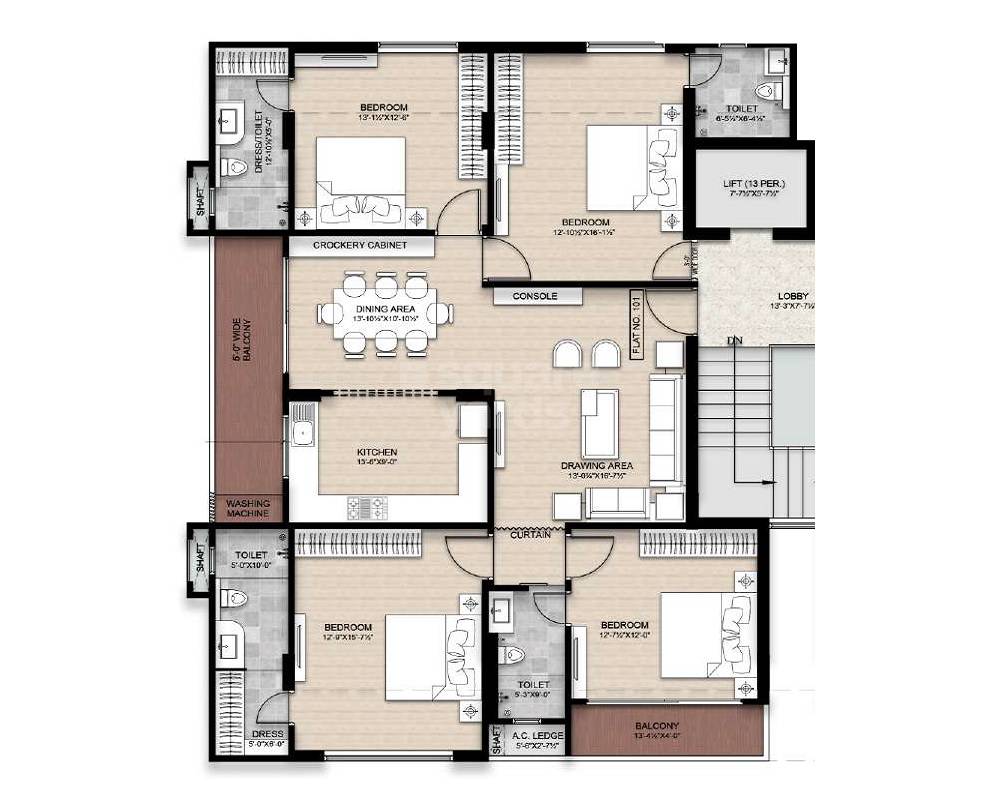 Floor plan of 4 BHK 1526 Sq. Ft. Apartment in Trimurty Valeria, Jaipur