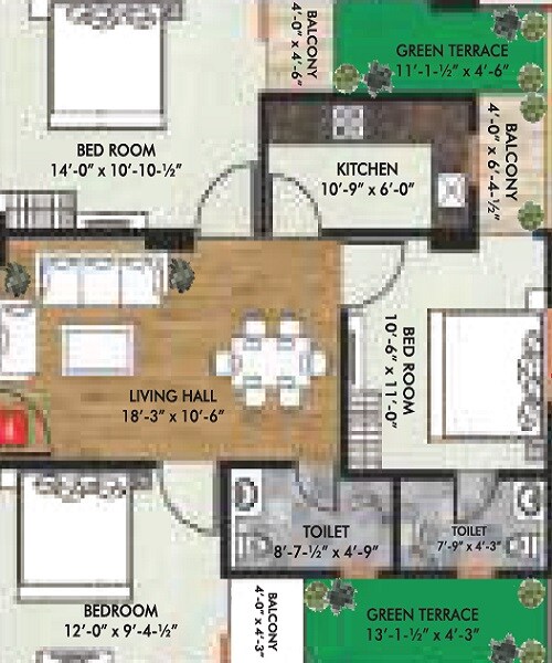 Floor plan of 3 BHK 1059 Sq. Ft. Apartment in Triveni Kripa Golden Leaf, Jaipur