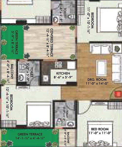 Floor plan of 3 BHK 1158 Sq. Ft. Apartment in Triveni Kripa Golden Leaf, Jaipur