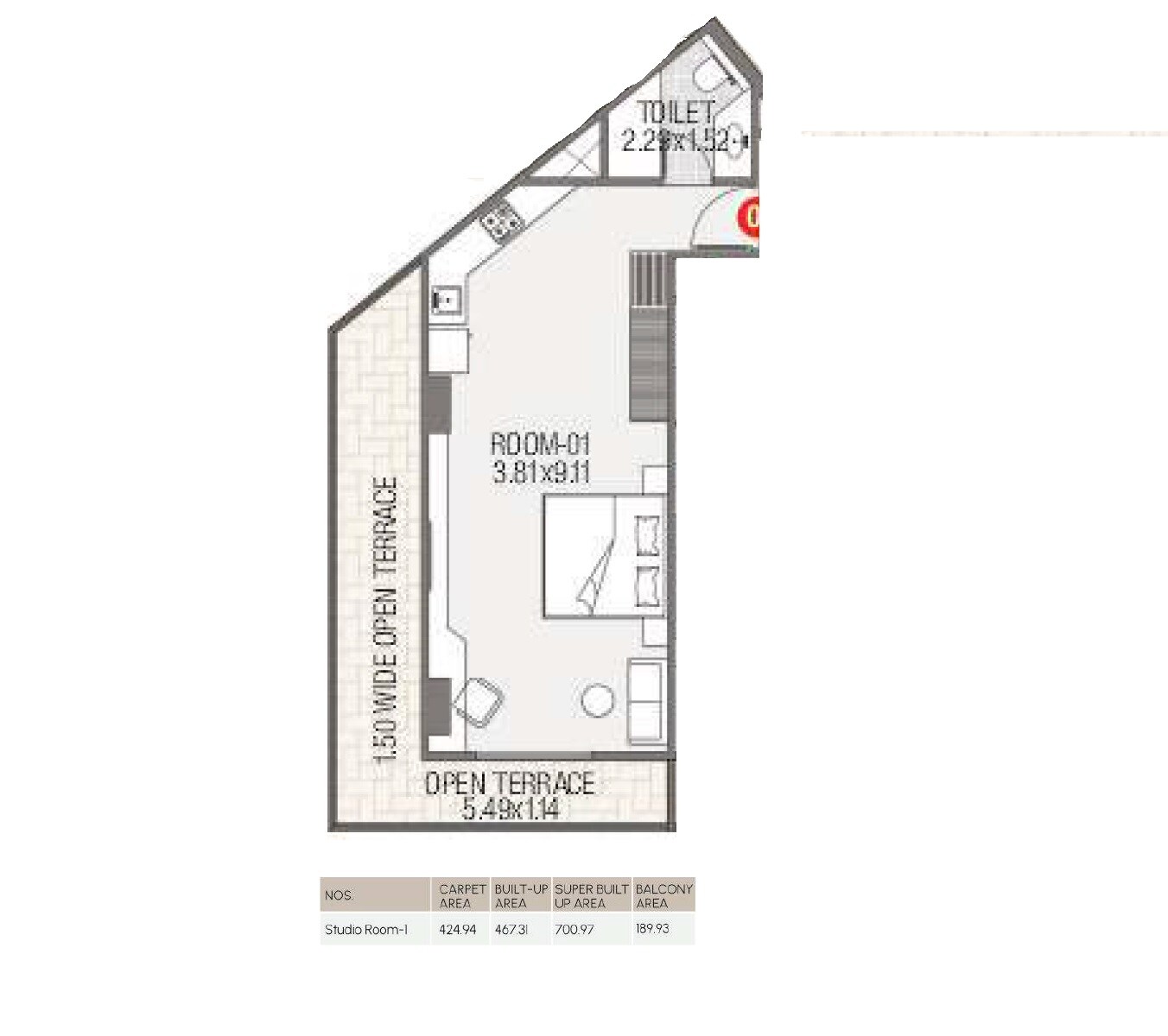 Floor plan of 701 Sq. Ft. Studio in Turban Business Park, Jaipur