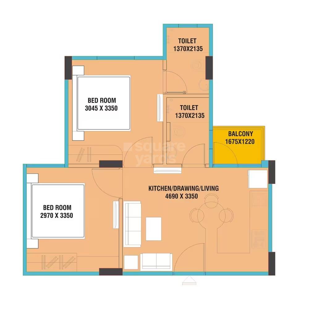 Floor plan of 2 BHK 465 Sq. Ft. Apartment in Udayraj Apartments, Jaipur