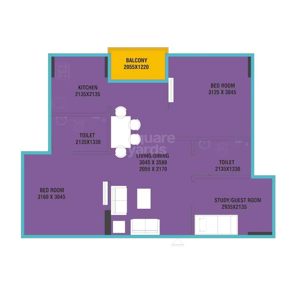Floor plan of 3 BHK 575 Sq. Ft. Apartment in Udayraj Apartments, Jaipur