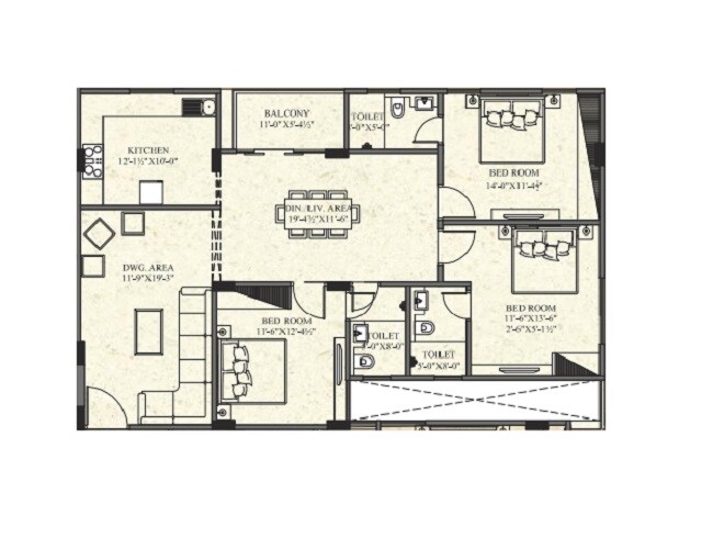 Floor plan of 3 BHK 1765 Sq. Ft. Apartment in UDB Indus, Jaipur