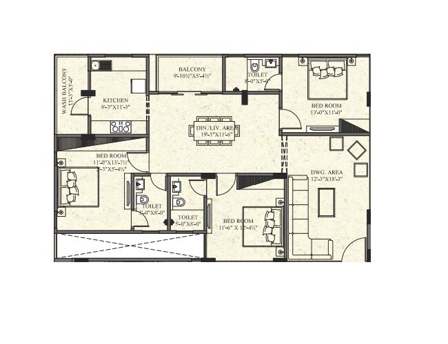 Floor plan of 3 BHK 1889 Sq. Ft. Apartment in UDB Indus, Jaipur