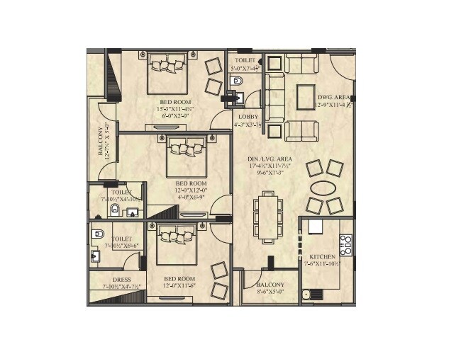 Floor plan of 3 BHK 2797 Sq. Ft. Apartment in UDB Indus, Jaipur