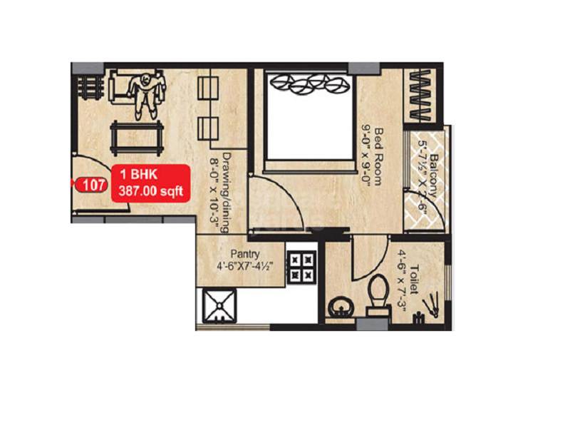 Floor plan of 1 BHK 387 Sq. Ft. Apartment in UDB Rakshak, Jaipur