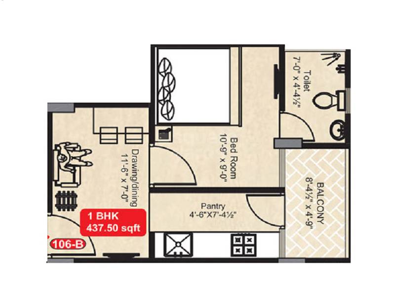 Floor plan of 1 BHK 437 Sq. Ft. Apartment in UDB Rakshak, Jaipur