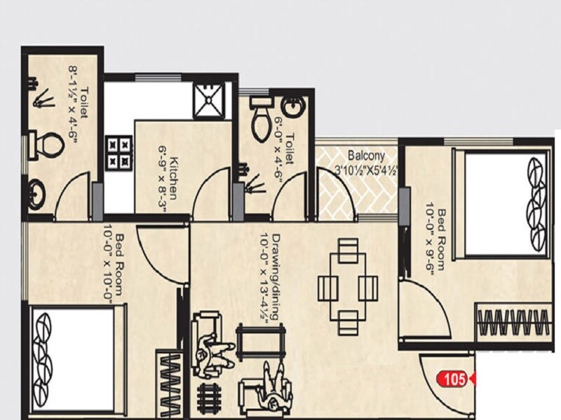 Floor plan of 2 BHK 729 Sq. Ft. Apartment in UDB Rakshak, Jaipur