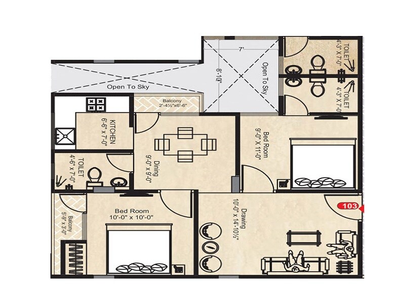 Floor plan of 2 BHK 872 Sq. Ft. Apartment in UDB Rakshak, Jaipur