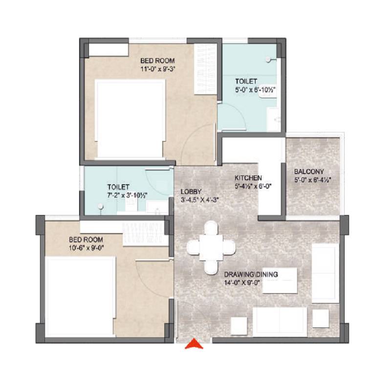 Floor plan of 2 BHK 593 Sq. Ft. Apartment in Unique Abhinandan, Jaipur