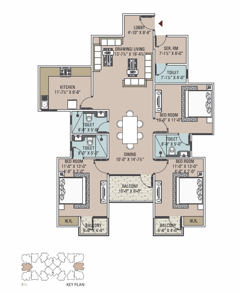 Floor plan of 3 BHK Apartment - 1498 sq. ft. in Unique Emporia, Jaipur