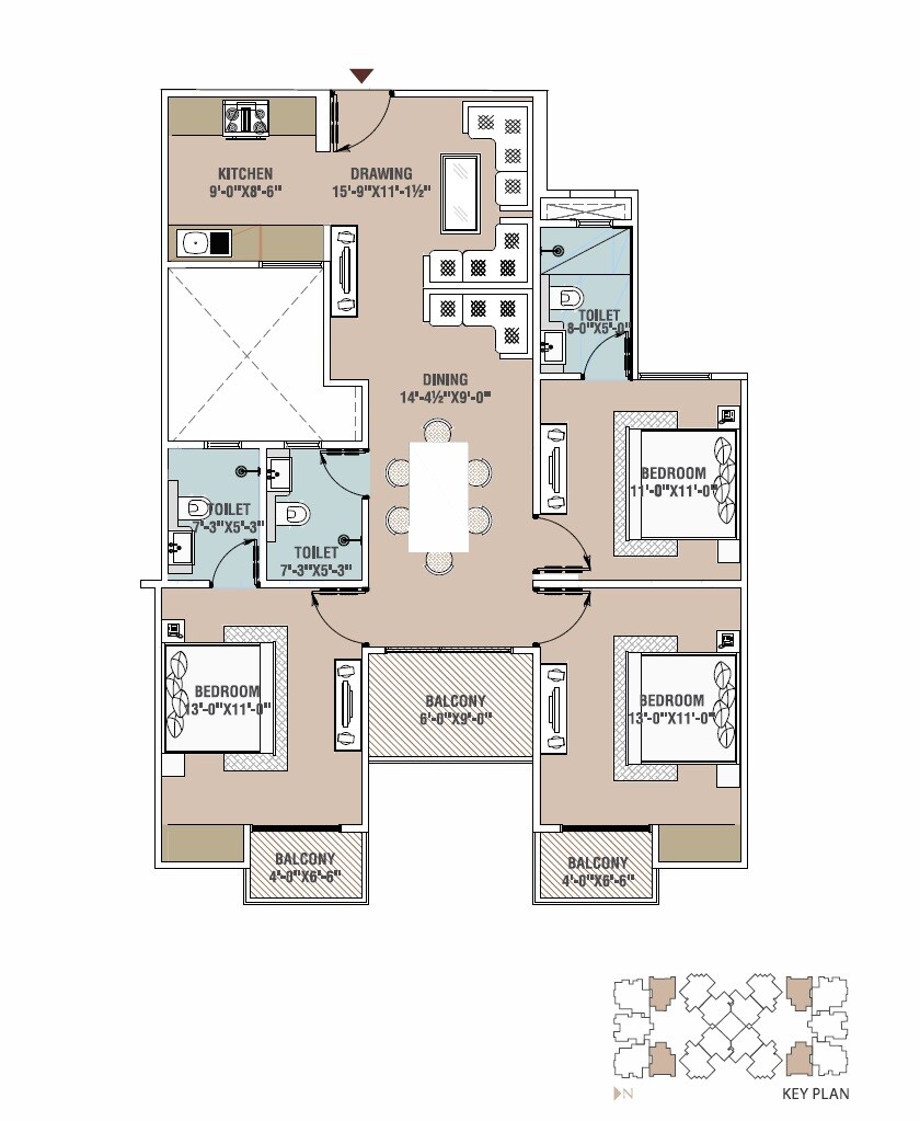 Floor plan of 3 BHK Apartment - 1793 sq. ft. in Unique Emporia, Jaipur