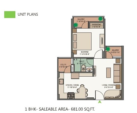 Floor plan of 1 BHK 681 Sq. Ft. Apartment in Unique Green Meadows, Jaipur