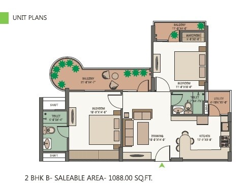 Floor plan of 2 BHK 1008 Sq. Ft. Apartment in Unique Green Meadows, Jaipur