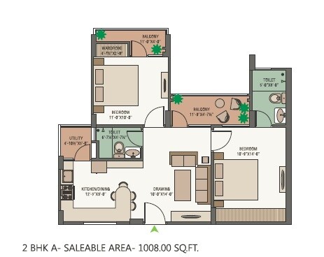 Floor plan of 2 BHK 1088 Sq. Ft. Apartment in Unique Green Meadows, Jaipur