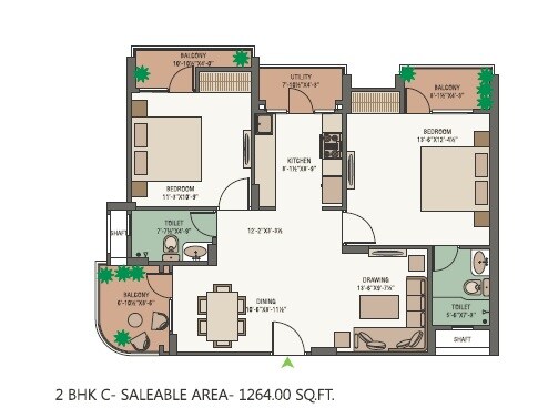 Floor plan of 2 BHK 1264 Sq. Ft. Apartment in Unique Green Meadows, Jaipur