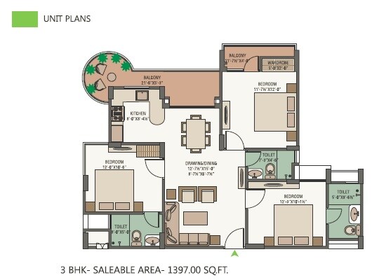 Floor plan of 3 BHK 1397 Sq. Ft. Apartment in Unique Green Meadows, Jaipur