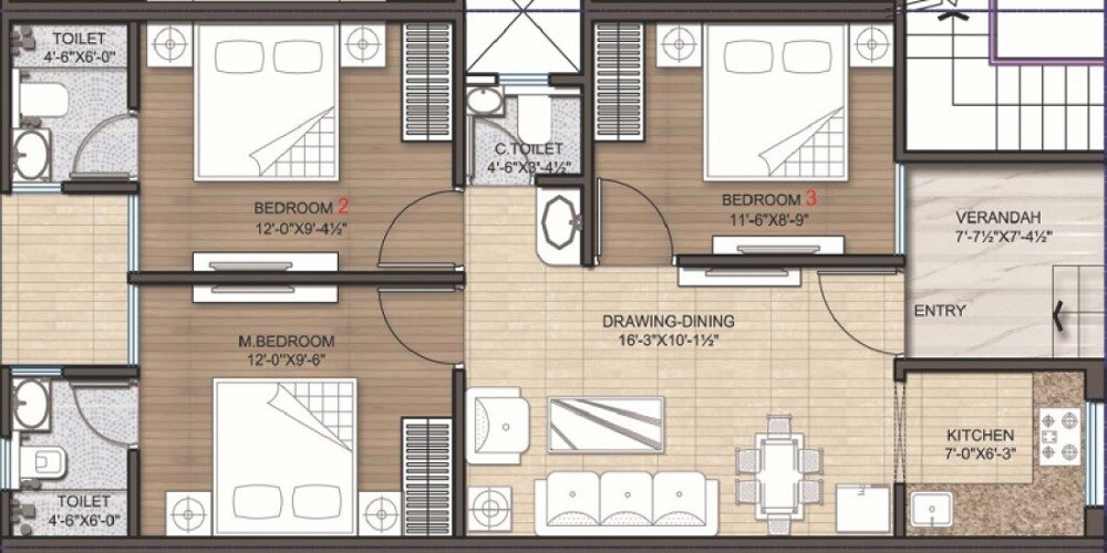 Floor plan of 3 BHK 1038 Sq. Ft. Villa in Unique New Town, Jaipur