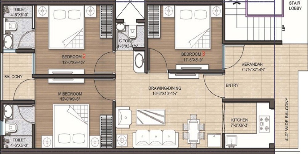 Floor plan of 3 BHK 1127 Sq. Ft. Villa in Unique New Town, Jaipur