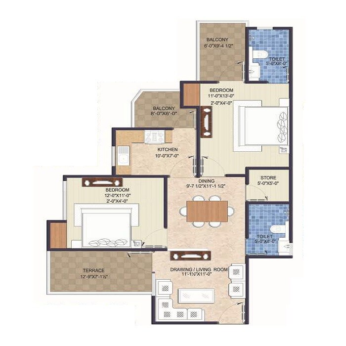Floor plan of 2 BHK 1249 Sq. Ft. Apartment in Unique Pristine, Jaipur