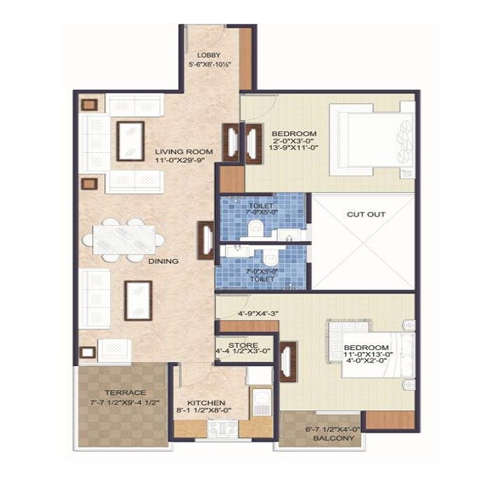 Floor plan of 2 BHK 1342 Sq. Ft. Apartment in Unique Pristine, Jaipur