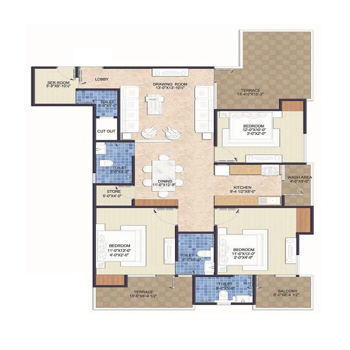 Floor plan of 3 BHK 1972 Sq. Ft. Apartment in Unique Pristine, Jaipur