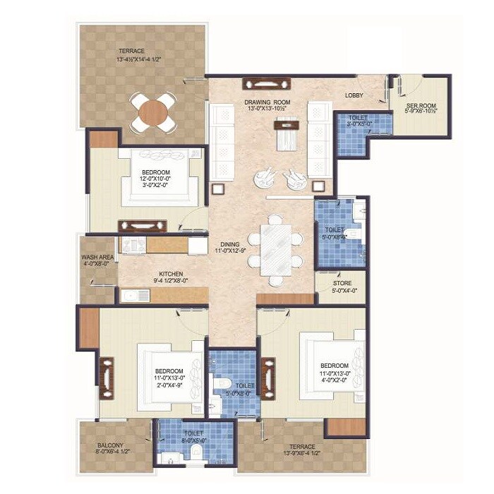 Floor plan of 3 BHK 1985 Sq. Ft. Apartment in Unique Pristine, Jaipur