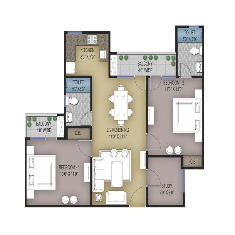 Floor plan of 2 BHK 1170 Sq. Ft. Apartment in Unique Sapphire, Jaipur