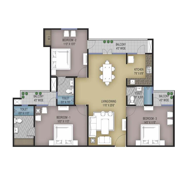 Floor plan of 3 BHK 1656 Sq. Ft. Apartment in Unique Sapphire, Jaipur