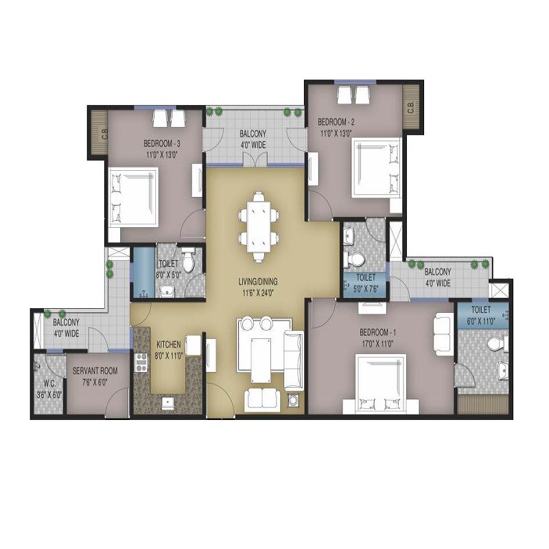 Floor plan of 3 BHK 1855 Sq. Ft. Apartment in Unique Sapphire, Jaipur