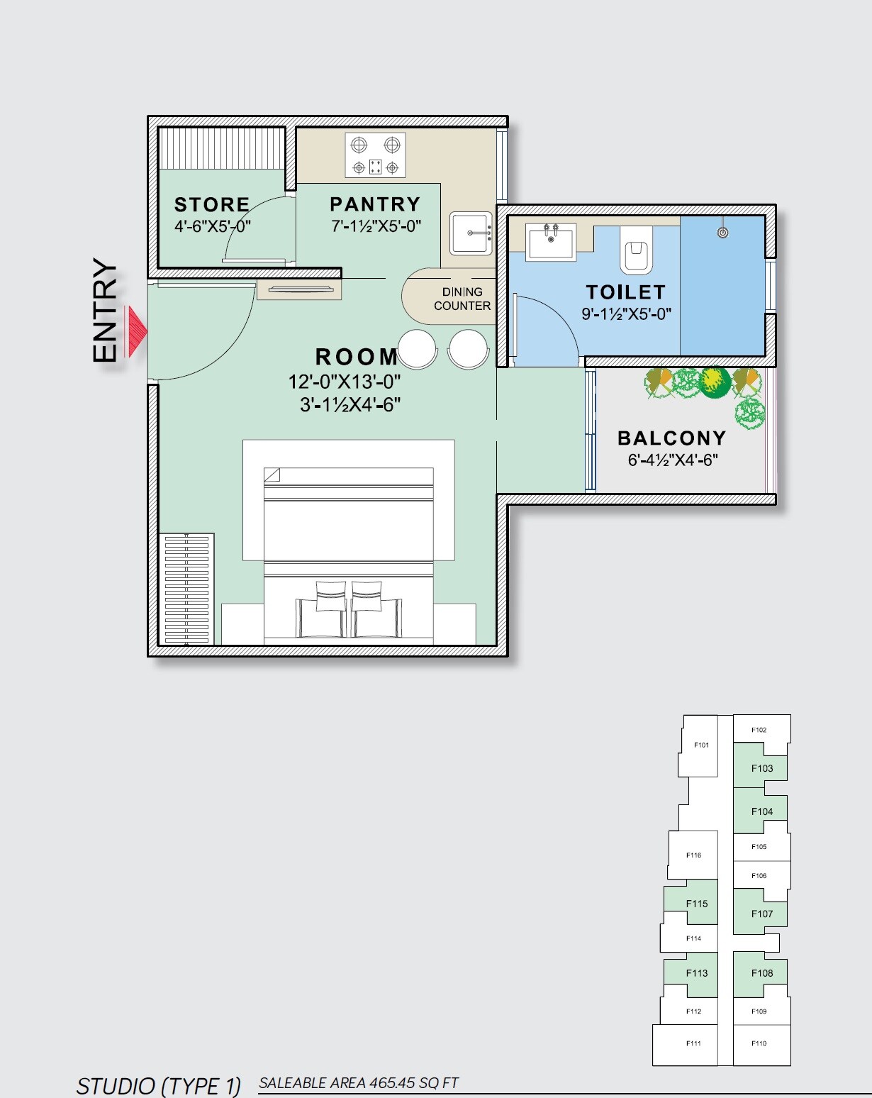 Floor plan of 1 BHK 465 Sq. Ft. Apartment in Unique Vidhyadeep, Jaipur