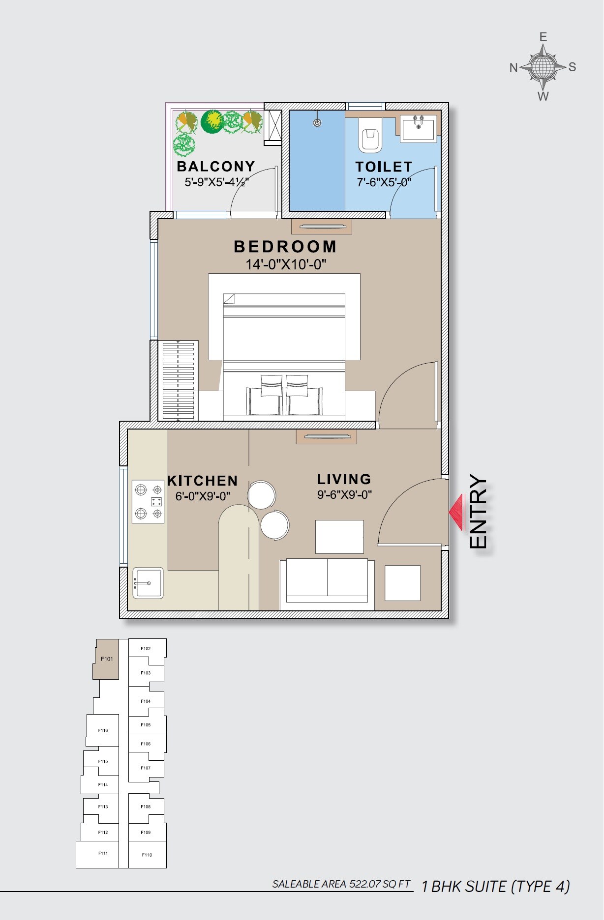Floor plan of 1 BHK 522 Sq. Ft. Apartment in Unique Vidhyadeep, Jaipur