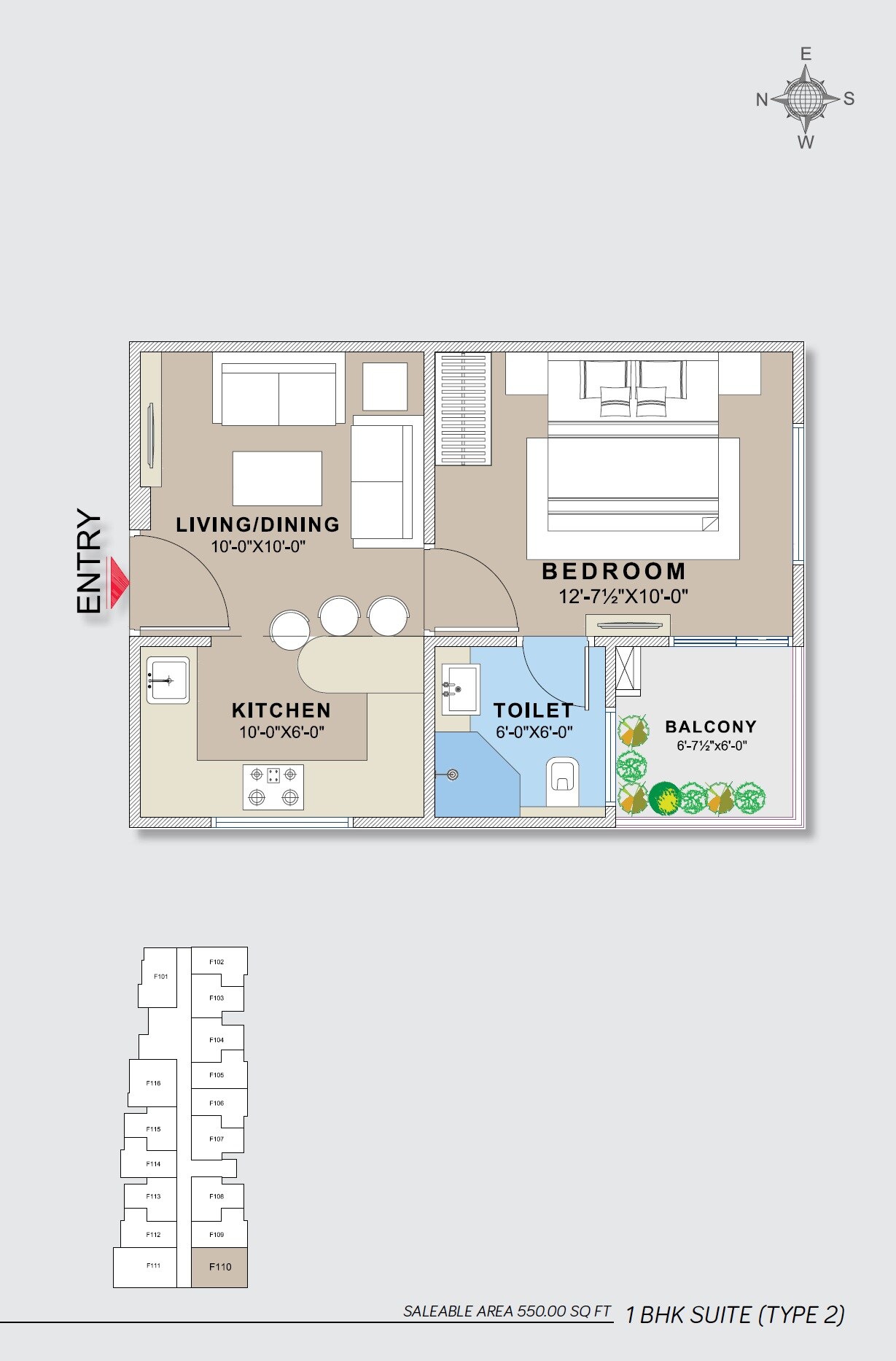 Floor plan of 1 BHK 550 Sq. Ft. Apartment in Unique Vidhyadeep, Jaipur