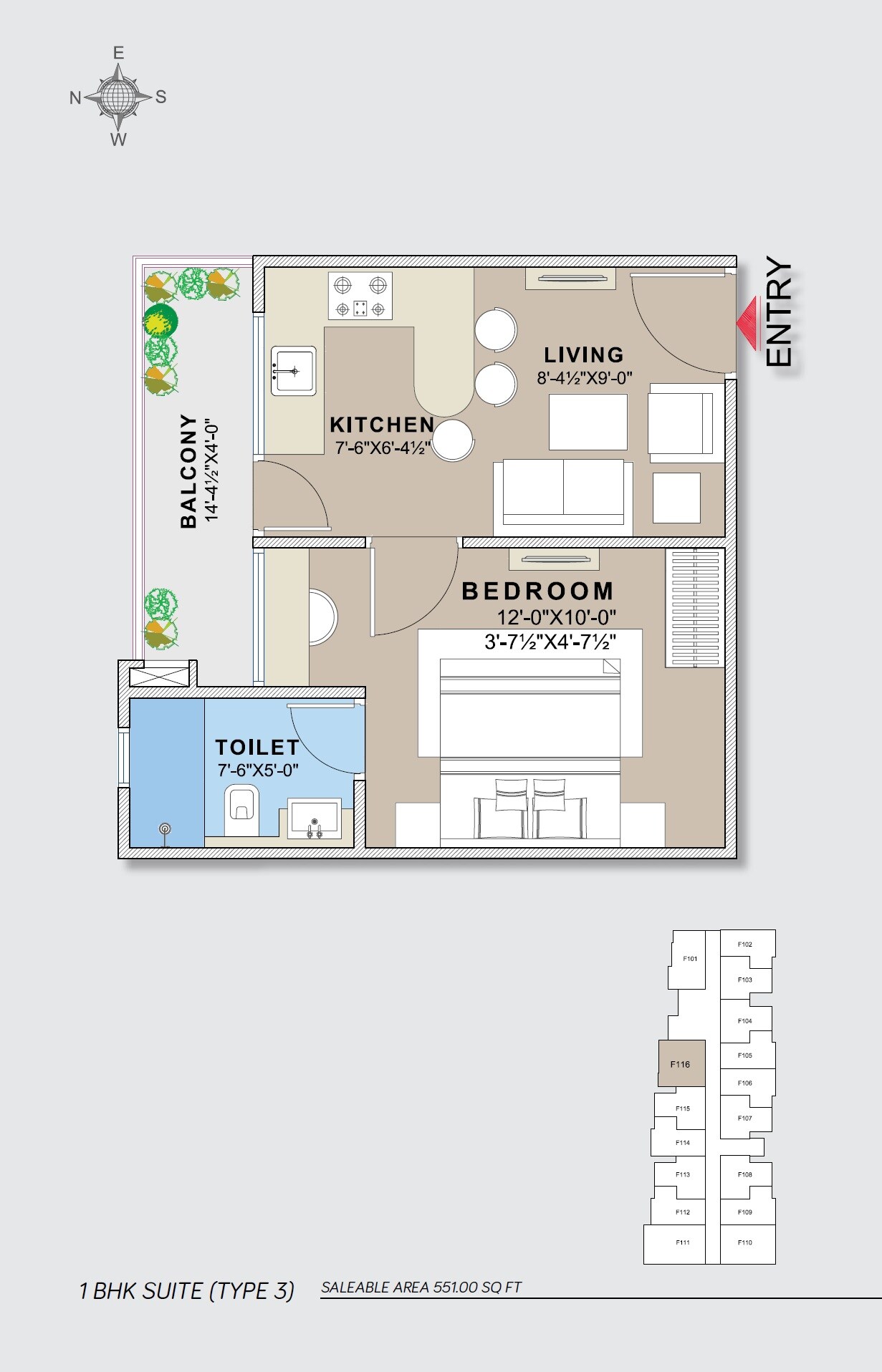 Floor plan of 1 BHK 551 Sq. Ft. Apartment in Unique Vidhyadeep, Jaipur