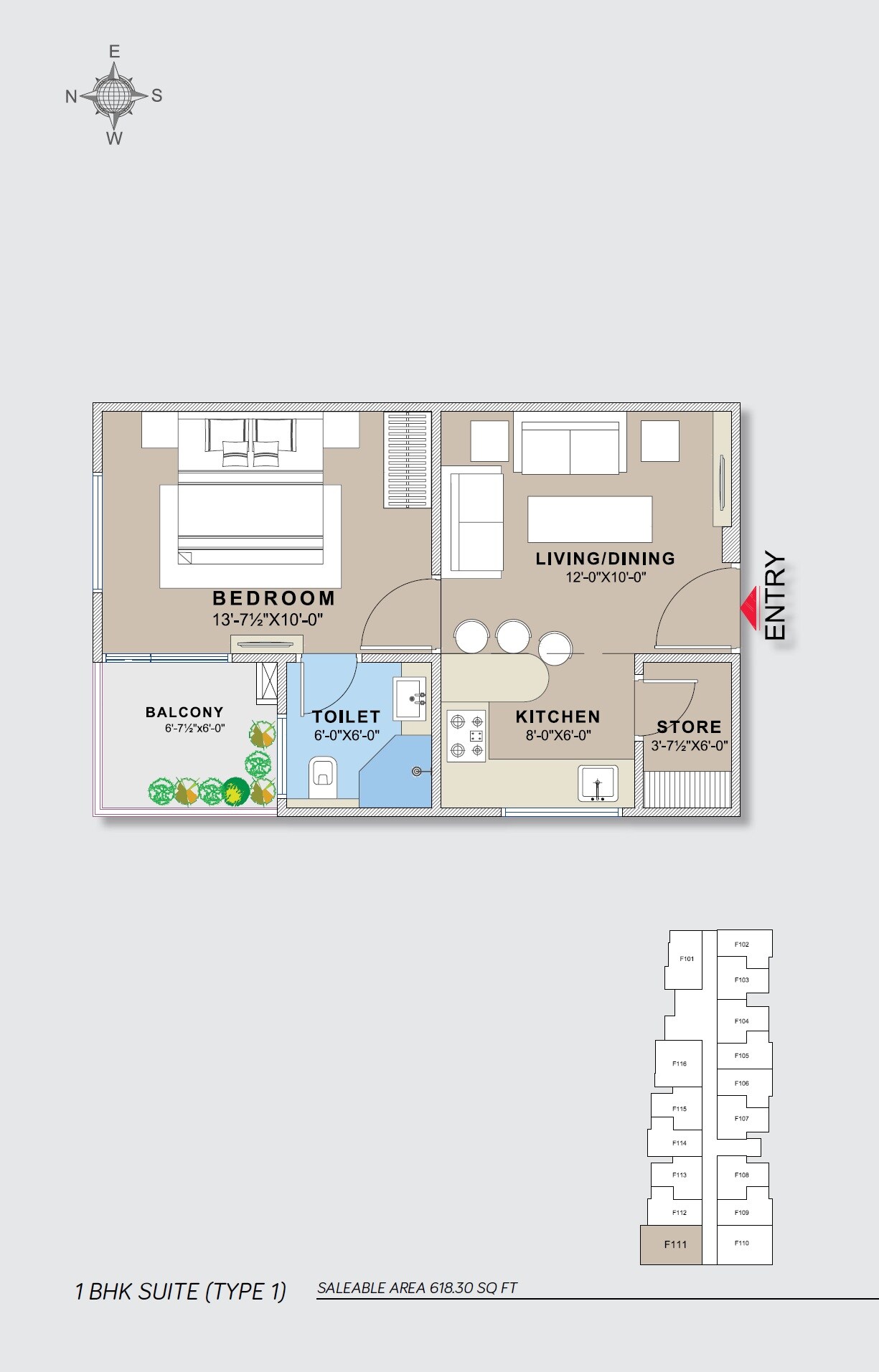 Floor plan of 1 BHK 618 Sq. Ft. Apartment in Unique Vidhyadeep, Jaipur