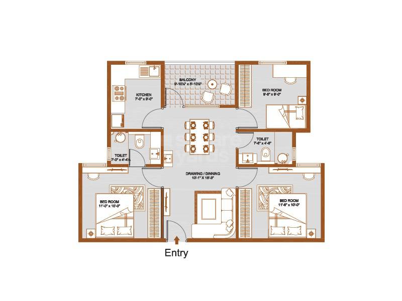 Floor plan of 3 BHK 900 Sq. Ft. Apartment in Unnati Nilay, Jaipur